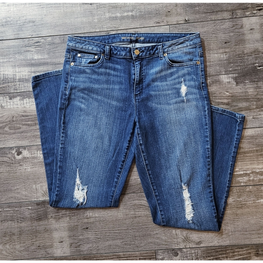 MICHAEL KORS Medium Dark Wash Distressed Jeans Size 10